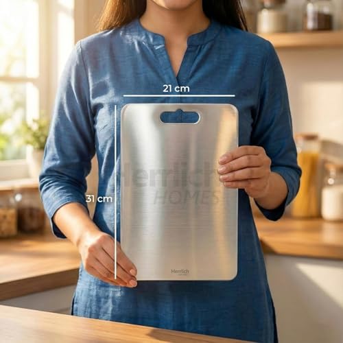 Image of Herrlich Homes Rectangle Stainless Steel Chopping Board | with Steel Straw & Anti-Skid Silicon Pad | for Cutting Vegetables, Meat, Fish, Fruits | Chopping Board for Kitchen | M | 31 x 21 cm