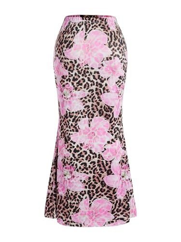 Verdusa Women's Leopard Floral Bodycon Maxi Skirts Y2K High Rise Fishtail Skirt