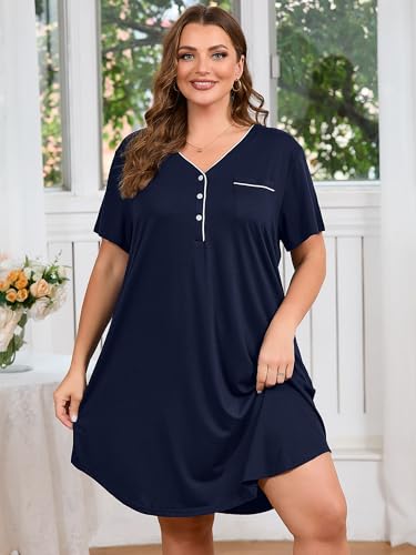 AusLook Plus Nightgowns for Women Short Sleeve Button Down V Neck House T-shirt Dress Loose Maternity Nightshirt Pajamas1-5X2