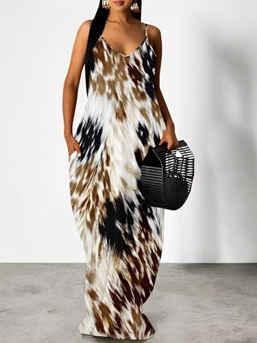 Image of Women's Summer Maxi Dress Spaghetti Strap Floral Boho Beach Long Sundress with Pockets