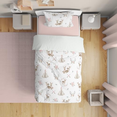 Image of Sweet Jojo Designs Blush Pink, Mint Green and White Boho Watercolor Woodland Deer Floral Girl Toddler Kid Childrens Bedding Set - 5 Pieces Comforter, Sham and Sheets