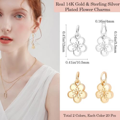 Beebeecraft 1 Box 40Pcs Flower Charm Plating Alloy 2 Colors Peach Blossom Dangle Charm Pendants with Jump Rings for DIY Jewellery Making (10.5x12x3.5mm) - Image 2