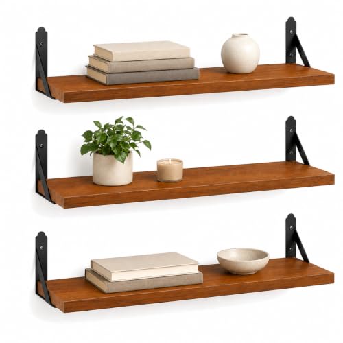 Image of Decazone Floating Shelves for Wall Storage - Set of 3, MDF Board Bookshelves for Living Room, Bedroom, Kitchen & Office - Sturdy Wall-Mounted Display for Bookcase & Decor (Brown, Wide- 24 inch Inch)