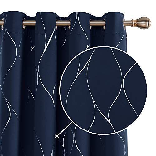 Deconovo Lot de 2 Rideau Occultants Rideau pour Petite Fenetre Isolant Thermique Anti Froid Oeillets Fille Motif Argenté Rideaux Chambre Bleu Marine 140x240cm