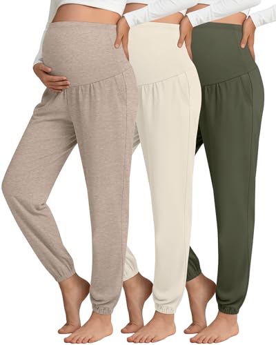 Sweetyweee 3 Pack Womens Maternity Pants Maternity Jogger Sweatpants Over The Belly Stretchy Pregnancy Pants with Pockets(Latte Beige Army Green Large)