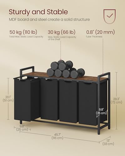 Image of VASAGLE Laundry Hamper, Laundry Basket, Laundry Sorter with 4 Pull-Out and Removable Bags, Shelf, Metal Frame, 4 x 10.6 Gallons (40 L), 45.7 x 13 x 28.4 Inches, Ink Black and Rustic Brown UBLH401B01