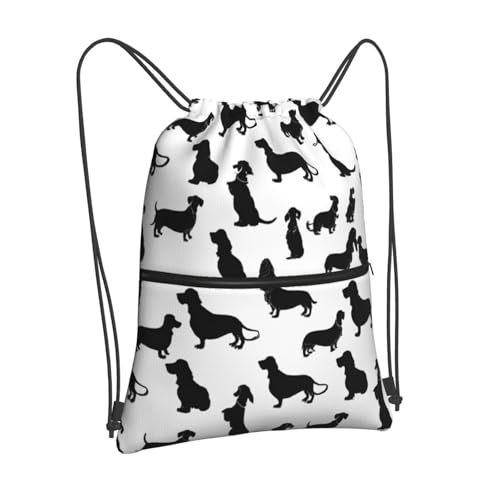 JAYWIS Black Dogs Rucksack mit Dackel-Motiv, mit Kordelzug, mit Reißverschlusstaschen, wasserabweisend, leicht, für Wandern und Fitnessstudio, verstellbare Träger, kompakt