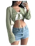 Comfy and breathable material, it is soft and skin-friendly Features: tie front cardigan for women, cropped, hollow out, flare long sleeve, v neck, crochet shrug bolero, lightweight, sheer Layer this versatile cardigan over your favorite tank top or ...