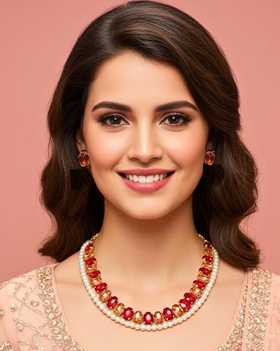 Image of Mansiyaorange Statement AD CZ American Diamond Cubic Zerconia Pearl Necklace Set | Gold Plated Chunky Fashion Jewelry for Women & Girls