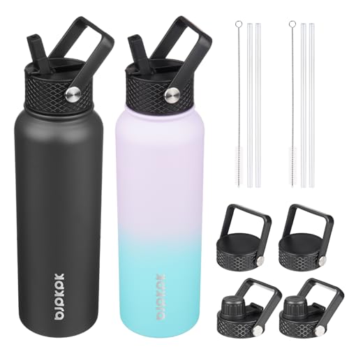 Image of BJPKPK 2 Pack 40oz Insulated Water Bottles with Straw Lids, Stainless Steel