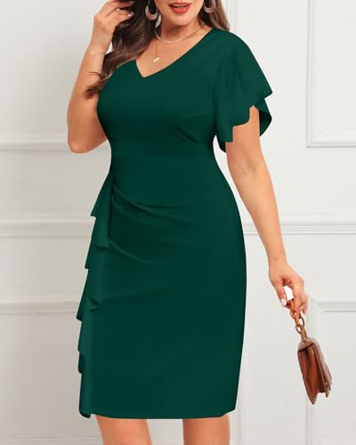 Image of Plus Size Cocktail Dress - Wedding Guest Women Bodycon Vintage Ruffle Church Pencil Dress