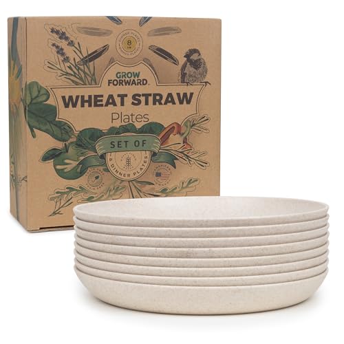 Grow Forward Premium Wheat Straw Plates - 8 Inch Reusable Hard Plastic Dinner Plates Set of 8 - Unbreakable Microwave Safe Plates for Dessert Camping RV Outdoors Patio Kitchen Dishes - Sahara