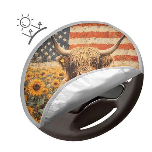 Image of Highland Cow Sunflower Steering Wheel Sunshade Car Interior Sunshade Foldable Car Steering Wheel Sun Shade Cover Car Interior Accessories for Sun Heat for Car Truck SUV