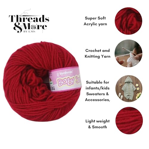 Image of Vardhman Baby Soft Yarn Pack of 6 - 4-Ply Acrylic Wool 150g Total | Soft Yarn for Knitting & Crocheting Baby Blankets, Sweaters, Toys & Accessories | 86m per 25g Ball (1, Scarlet red)