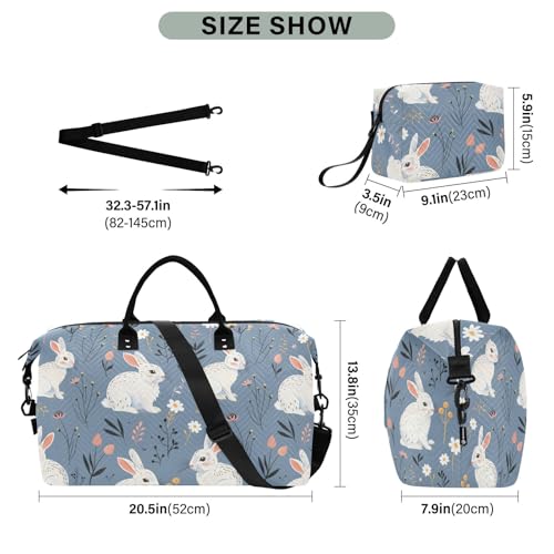 Large Travel Duffel Bag Sports Tote Gym Bag Overnight Weekender Bags Rabbit Flower Gray Carry On Luggage with Toiletry Bags3