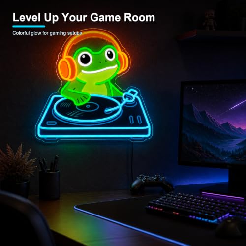 Image of Frog DJ Neon Sign, Music Neon Signs for Wall Decor, Cute LED Light Up Sign for Bedroom, Game Room, Man Cave, Bar, Studio and Party Decor, USB Powered Dimmable Funny Wall Art Gift for DJ Music Lovers