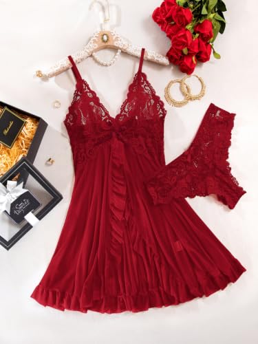 Image of Foxiny Sexy Ruffle Sheer Mesh Lace Wireless Babydoll Lingerie Dress with Thong 2 Piece