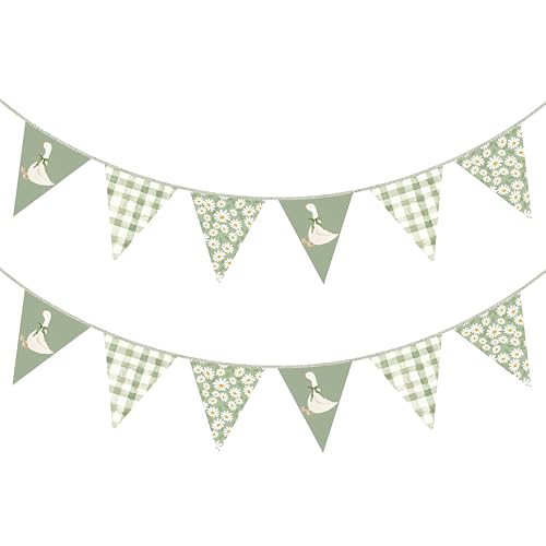 Image of 30 Ft Silly Goose Party Decorations Sage Green Buffalo Plaid Floral Daisy Pennant Banner Flag Hanging Paper Triangle Bunting for Silly Goose Birthday Wedding Shower Neutral Party Decorations Supplies