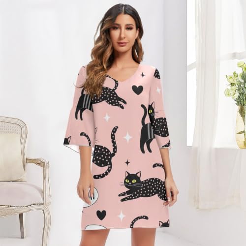 Robe d'été swing originale imprimé chats noirs et manches 3/4