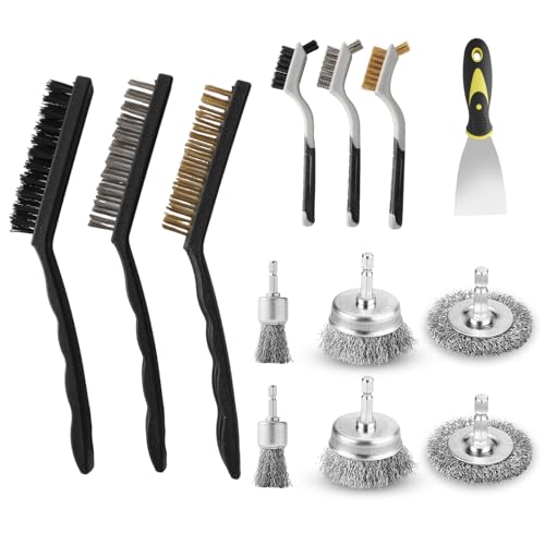 13 Pack Carbon Steel Wire Wheel Brush Set, Wire Brush for Drill, Nylon/Brass/Stainless Steel Bristles Cleaning Supplies Tools Brush for Cleaning Rust, Dirt, Paint Scrubbing, Kitchen, Home