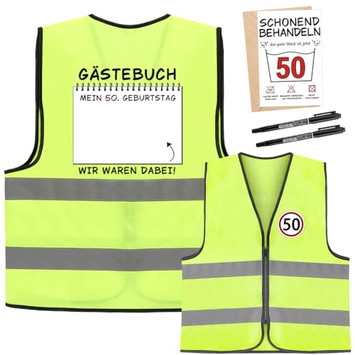 FIDWALL 18/30/40/50/60 Geburtstags-Warnweste Für Männer Und Frauen – Lustiges Signierbares Geschenk Mit Grußkarte Und Markern, Originelle Reflektierende Weste Zur Geburtstagsfeier (50)