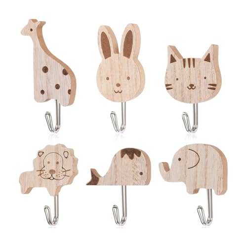 OUDQFCJ Lot de 6 patères autocollantes en bois, crochet autocollant, patere enfant, motif animaux mignons (motif éléphant, baleine, chat, lion, lapin,...