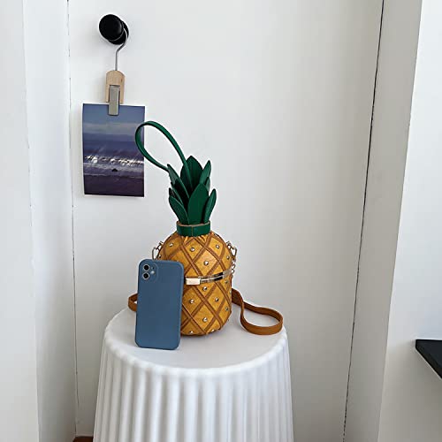 Pineapple Bucket Purse for Women,Trendy Chain Messenger Crossbody Bag with Rivet， Tropical Hawaiian Shoulder Handbag4