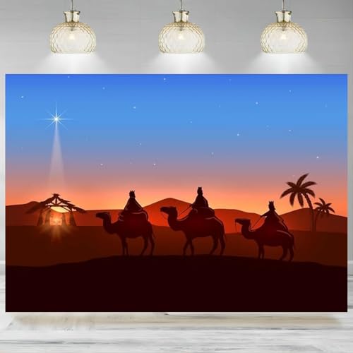 Telón de fondo de la Epifanía de la Natividad, tres Reyes Magos, Camello del desierto, nacimiento del pesebre, fondo fotográfico de Navidad, 300 x 200 cm