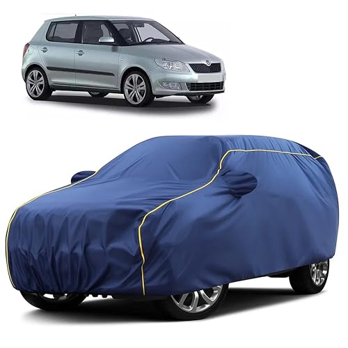 Image of Sulfar 100% Water Resistant Car Body Cover Compatible with Mirror for Skoda Fabia (Triple Stitched, Full Bottom Elastic, Blue Taffeta with Yellow Piping)