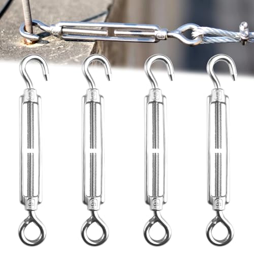 4 Piezas M6 Tensores de Alambre Inoxidable, Ajustable Tensor de Gancho y Ojo, Tensores para Toldos, Tensor Cuerda Tendedero, Tensor Cable Acero para Vallas de Jardín y Soporte para Plantas