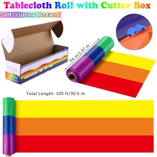 Image of Kochorie 100 Ft x 54 Inch Rainbow Tablecloth Roll with Cutter Box Gay Pride Tablecloth Cut to Size Table Cover Disposable Rainbow Pride Backdrop for Indoor Outdoor Events Party Supplies