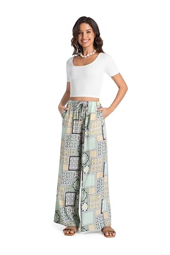 Womens Casual Mid Waist Wide Leg Pants Summer Floral Solid Palazzo Baggy Pants Lounge Beach Trousers with Pocket2