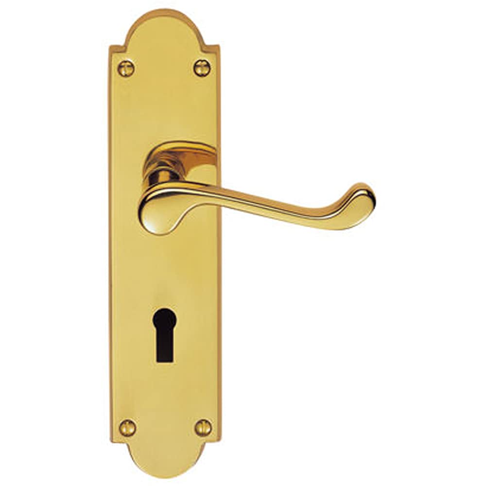 PAIR Victorian Scroll Handle on Lock Backplate - 205 x 49mm - Polished Brass | Traditional Lever on Backplate Door Handle - Internal Door Hardware - Lock, Euro, Oval and Latch Options Available