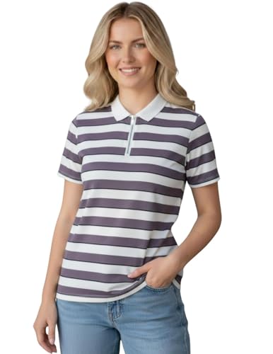 Image of Mack Jonney Women's Striped Polo T-Shirt | Half Zip Collar | Half Sleeve Cotton Casual Top | Relaxed Fit-M7496