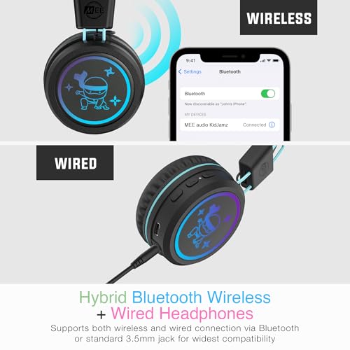 Image of MEE Audio KidJamz KJ55BT Bluetooth Wireless Safe Listening Headphones for Children with LED Lights, 85dB Volume Limiter, Microphone, & 40h Battery; Kids Headset for School /iPhone /iPad /Tablet (Black)