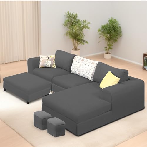 Image of Koza RHS 4 Seater L Shape Sofa Set with Center Table for Living Room (Black Fabric) Premium Fabric Sofa