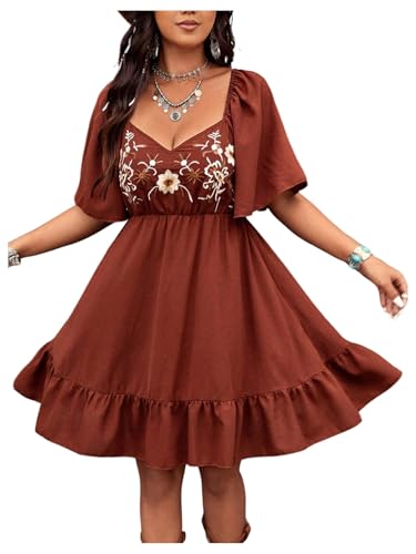 Floerns Women's Summer Short Dress Flounce Sleeve Embroidery Western Concert A Line Dresses