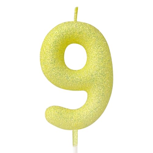 mciskin Bougies jaune citron en forme de chiffre 9 pour gâteau, 9e anniversaire fille et garçon, macaron pailleté, décorations de gâteau pour fête, fête...