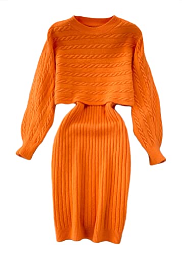 shownicer Damen Strickkleid Zweiteiliger Anzug Pullover Oberteil und Kleid Bodycon 2 Stück Set Sweater Midikleid Pullikleid Gestrickt Kleid Set C...