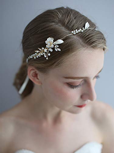 AW BRIDAL Wedding Headband Gold Rhinestone Bridal Headpiece Crystal Pearl Hair Vine Wedding Head Band Hair Accessories for Women Gilrs