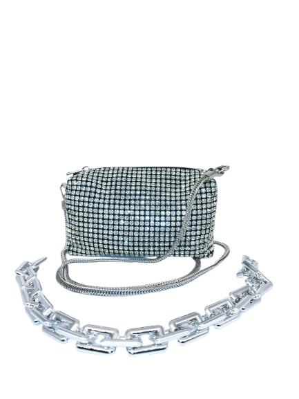 Crystal Rhinestone Evening Clutch Purse, Silver Chain Crossbody Bag with Matching Bracelet, Metallic-image-8