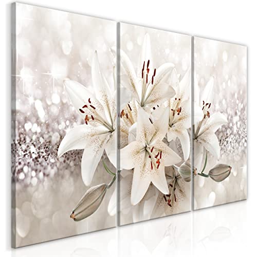 decomonkey Cuadro Lienzo Lirios 120x60 cm 3 piezas Impresión Decoración Cuadro De Pared Material Tejido no Tejido Gráfica Foto Salon Naturaleza Brillante Beige Lirios Cover