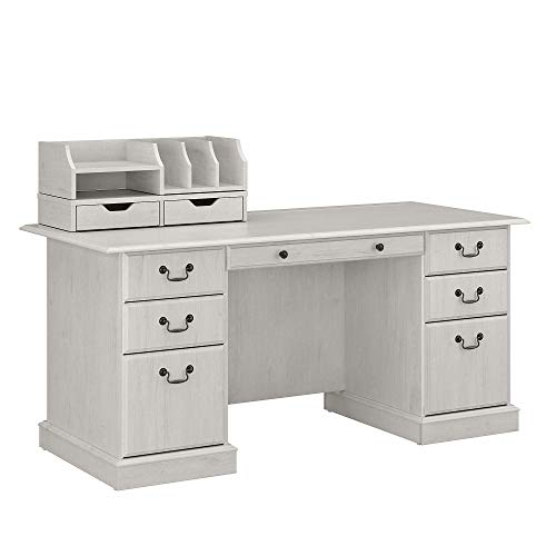 Bush Furniture Saratoga Executive Desk with Drawers and Desktop Organizers, Linen White Oak