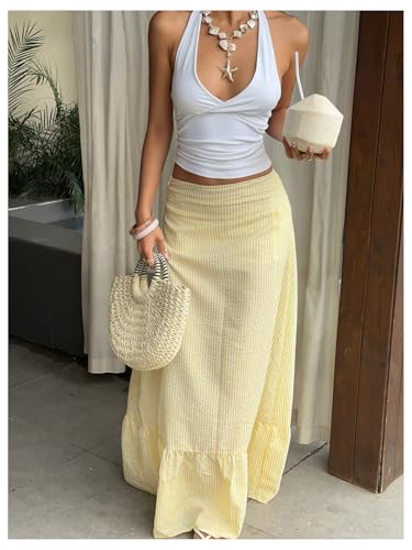 Milumia Women's Striped Ruffle Hem A Line Skirt Mid Waisted Summer Beach Maxi Skirts2