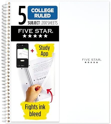 Five Star spiral notebook with dividers, 5 subject, 200 sheets