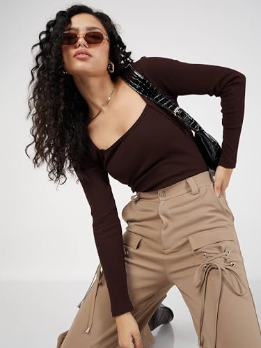 Image of SASSAFRAS Women's Slim Fit Full Sleeves Rib Square Neck Ribbed Basics - Casual Ribbed T-Shirt Tops