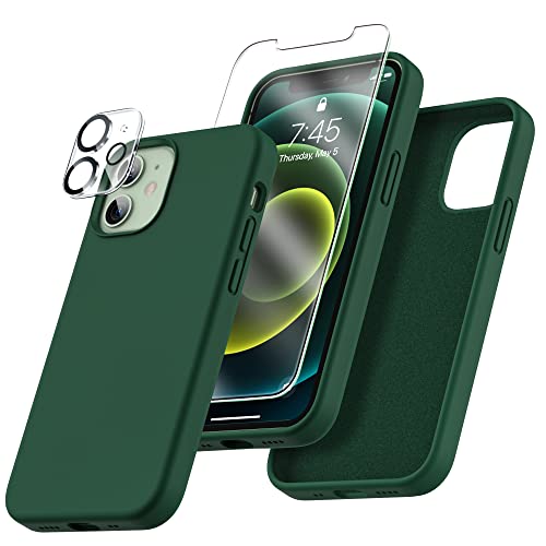 [5 en 1 Set] Uyiton Coque en Silicone Liquide pour iPhone 12 Mini (5,4"), [1 Coque +2 Verre Trempé +2 Caméra Protecteur], Antichoc Anti-Rayures Liquid Silicon Coque pour iPhone 12 Mini -Vert Cover