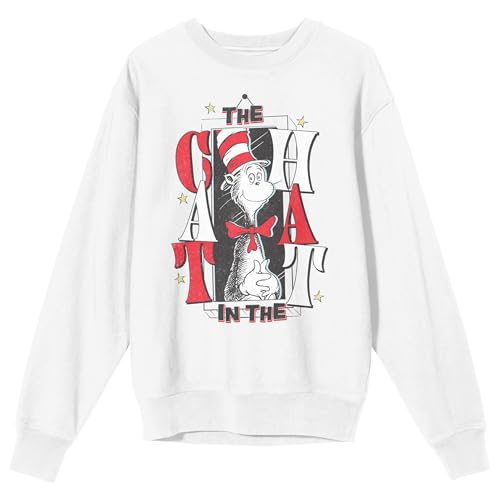 Bioworld Dr. Seuss The Cat In The Hat Adult White Crew Neck Long Sleeve Sweatshirt