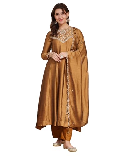Image of MOKOSH Women's Embroidered Silk Anarkali Kurta Pant with Dupatta | Anarkali Kurta Set | Embroidered |Occasion & Festive Traditional | 3 Piece Outfit