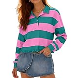 Women Striped Rugby Shirts Vintage Oversized Long Sleeve Collared Polo Shirt Y2k Button Up Pullover Sweatshirt Top (Ruffle Hem Rose Red Green, M)